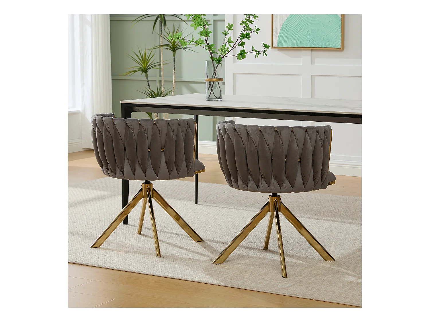 Lot de 2 chaises de salle à manger en velours gris avec fonction pivotante et pieds en métal doré