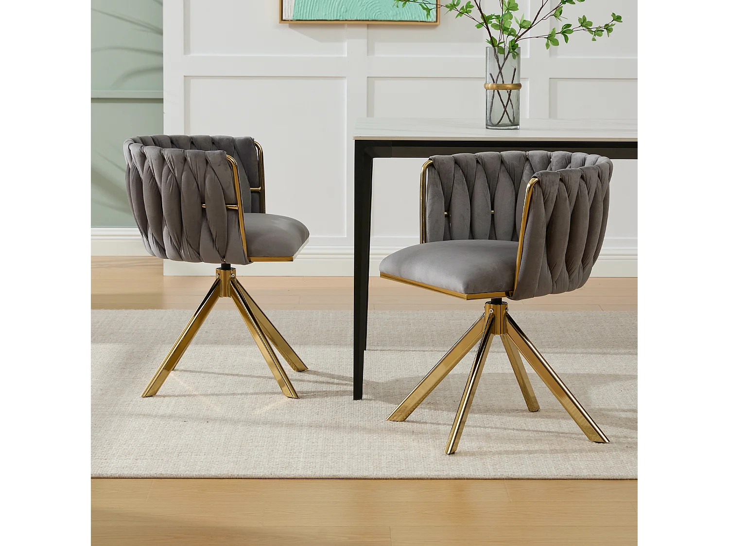 Lot de 2 chaises de salle à manger en velours gris avec fonction pivotante et pieds en métal doré