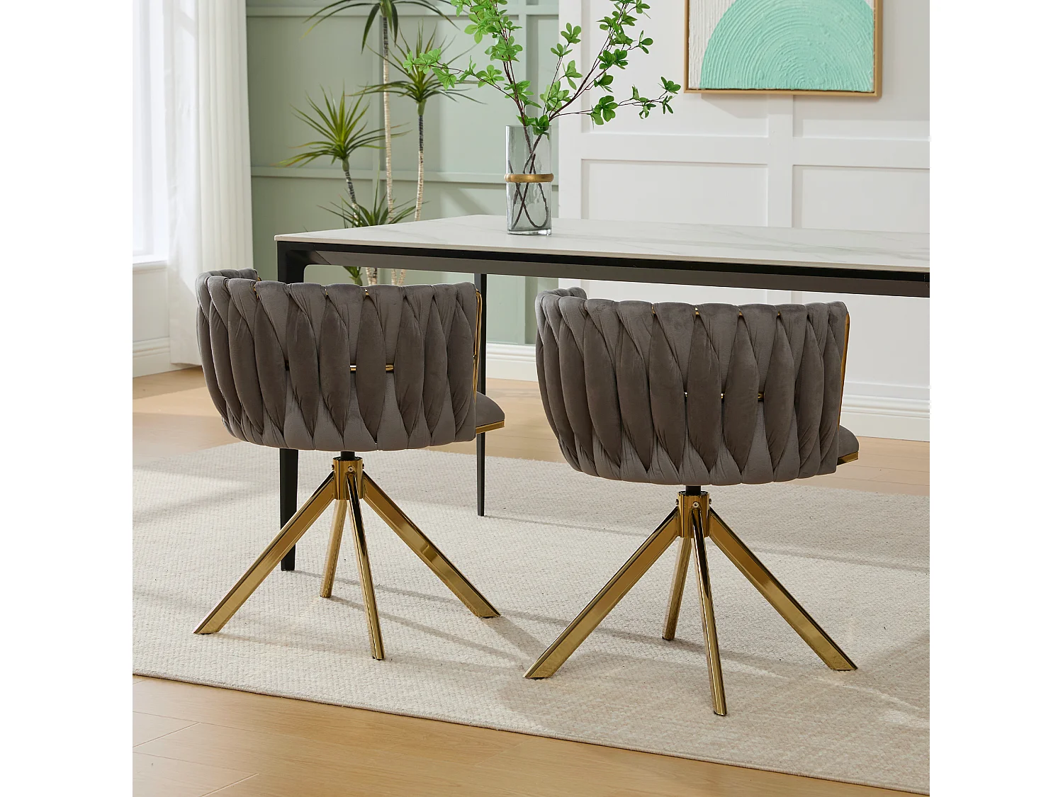 Lot de 2 chaises de salle à manger en velours gris avec fonction pivotante et pieds en métal doré