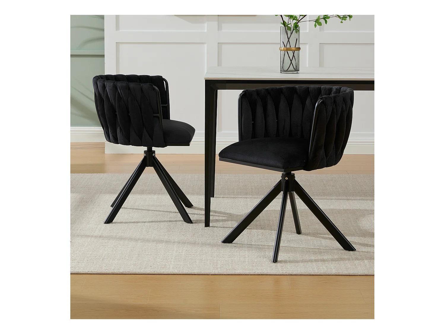 Lot de 2 chaises de salle à manger en velours noir avec fonction pivotante et pieds en métal