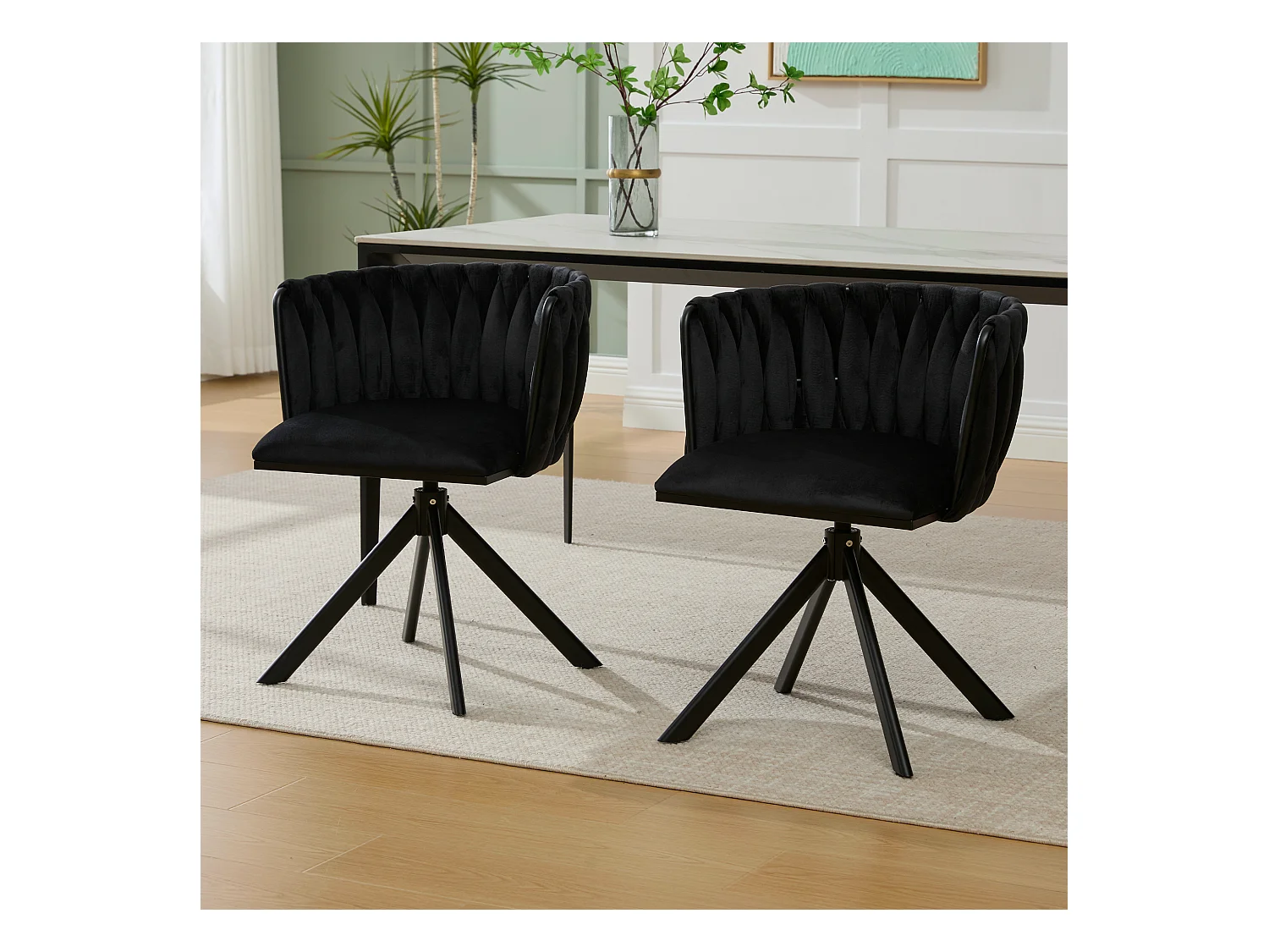 Lot de 2 chaises de salle à manger en velours noir avec fonction pivotante et pieds en métal