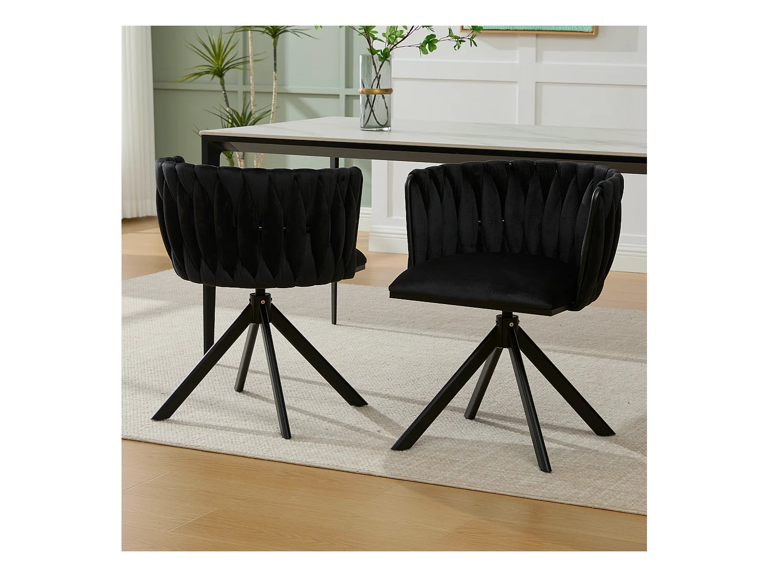 Lot de 2 chaises de salle à manger en velours noir avec fonction pivotante et pieds en métal