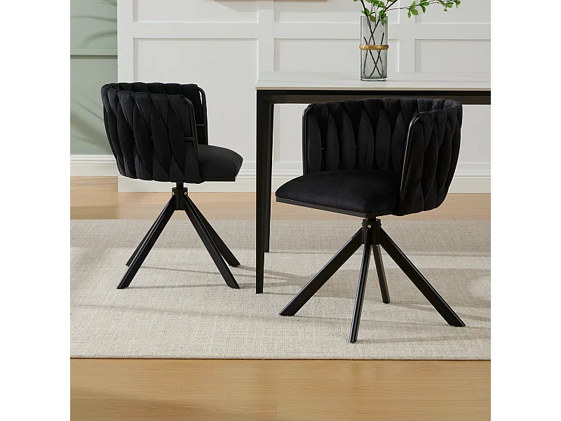 Lot de 2 chaises de salle à manger en velours noir avec fonction pivotante et pieds en métal