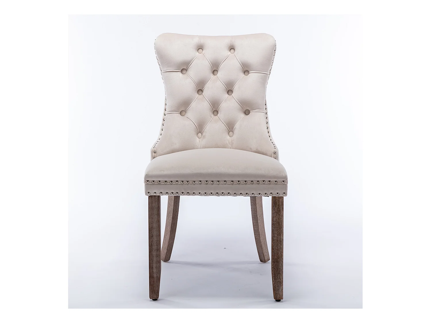 2er-Set Esszimmerstühle aus beigem Samt mit Ziernägeln und gepolsterter Rückenlehne