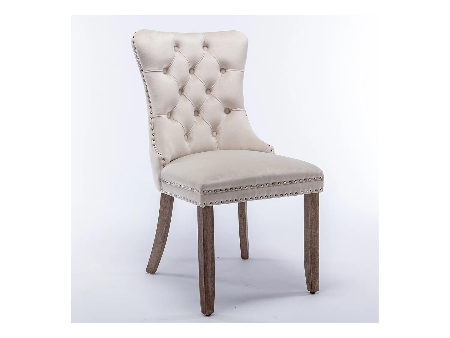 2er-Set Esszimmerstühle aus beigem Samt mit Ziernägeln und gepolsterter Rückenlehne
