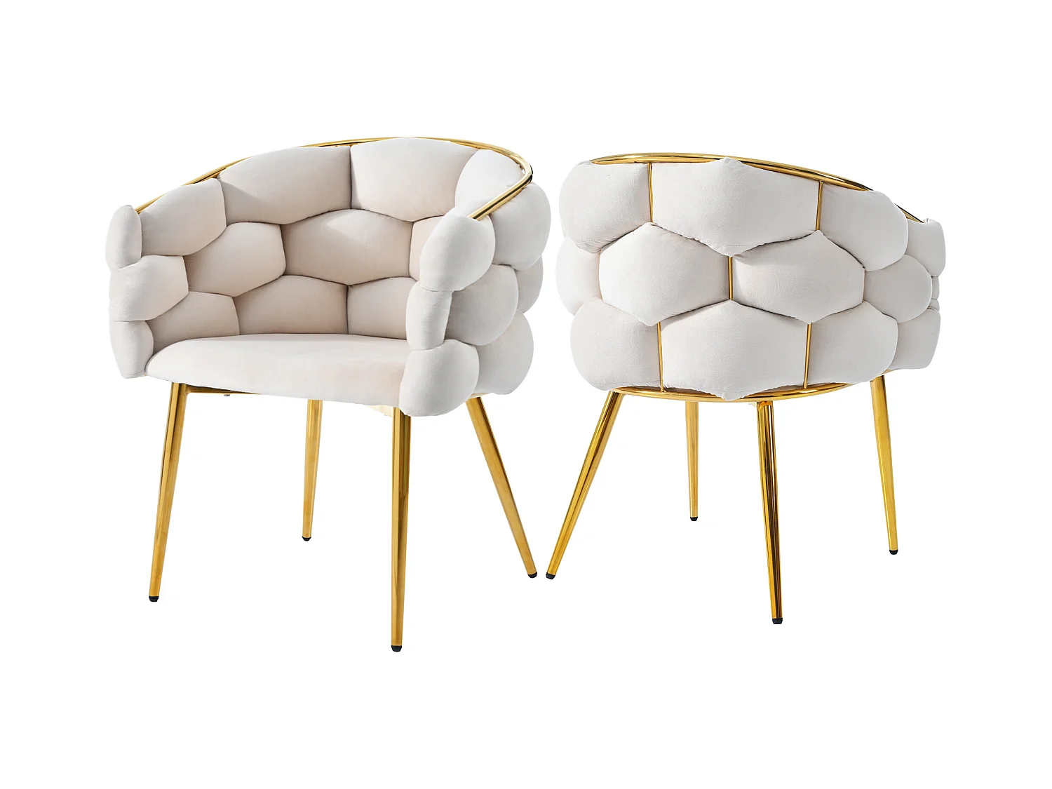 Lot de 2 chaises de salle à manger en velours beige avec dossier rembourré, structure en métal doré