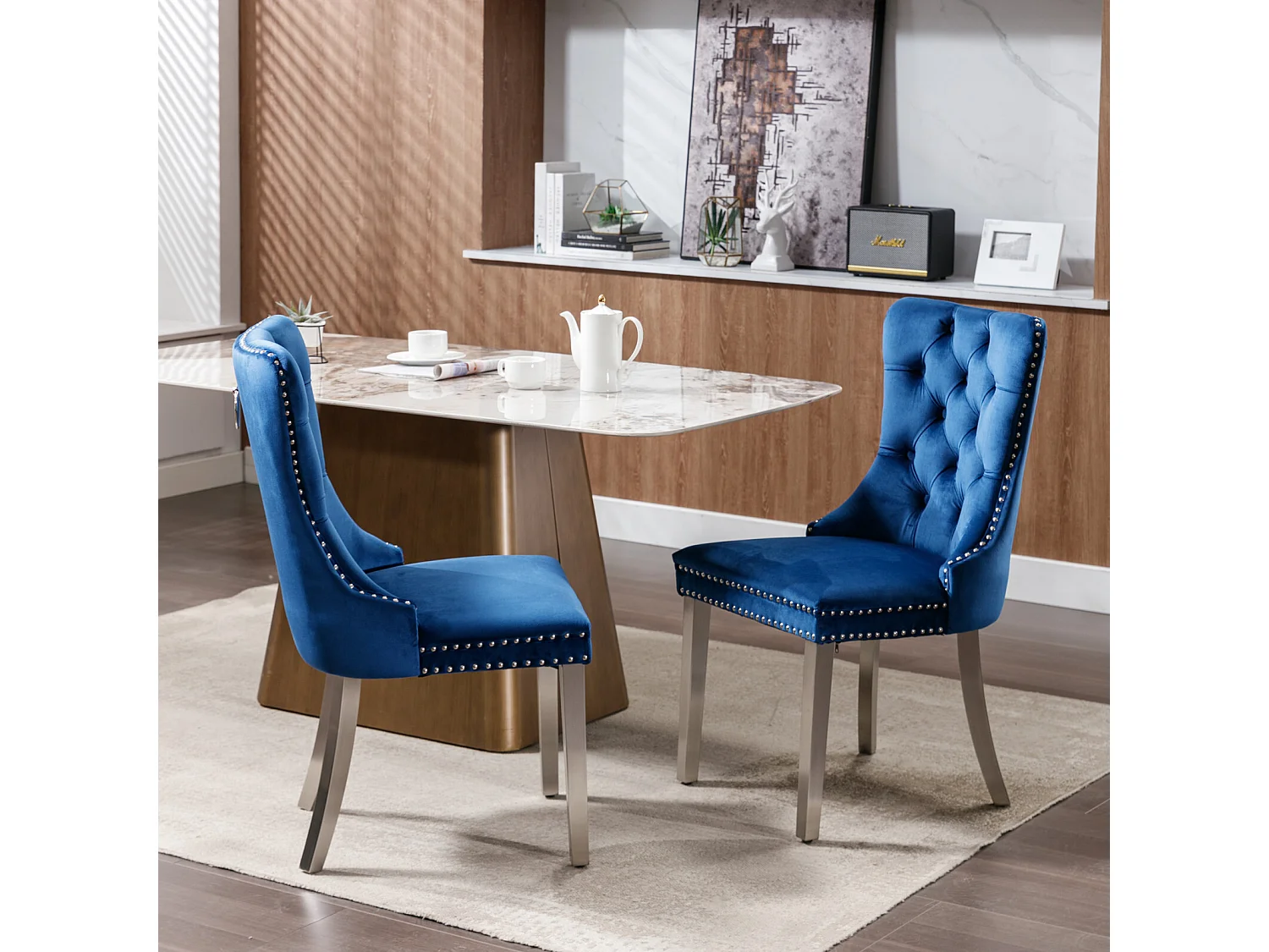 Lot de 2 chaises de salle à manger en velours bleu avec dossier rembourré et pieds en métal argenté