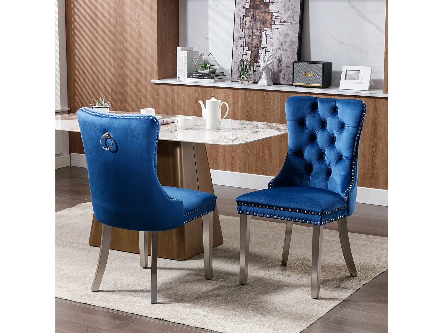 Lot de 2 chaises de salle à manger en velours bleu avec dossier rembourré et pieds en métal argenté