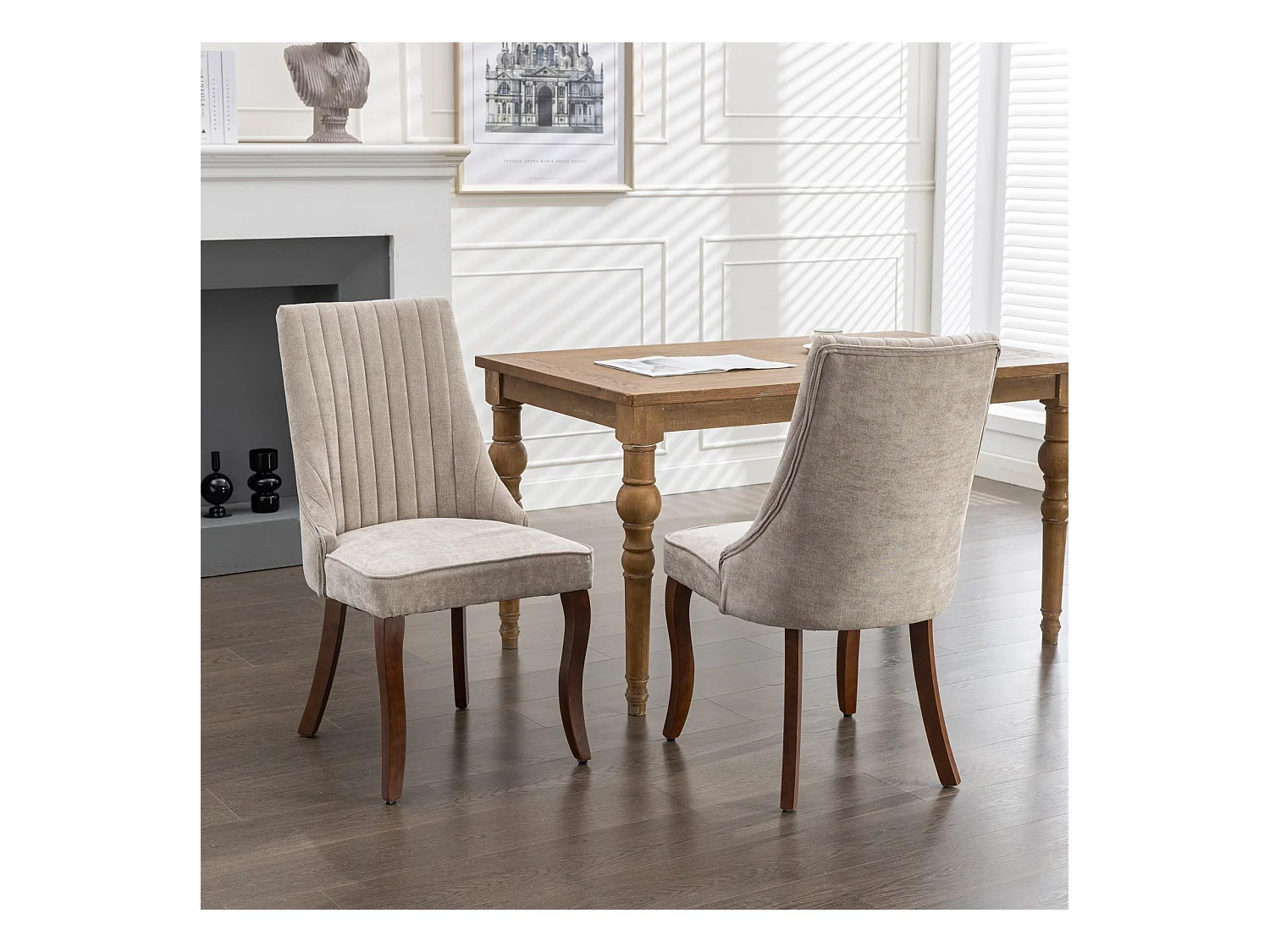 Lot de 2 chaises de salle à manger avec dossier rembourré et pieds en bois - Chenille beige