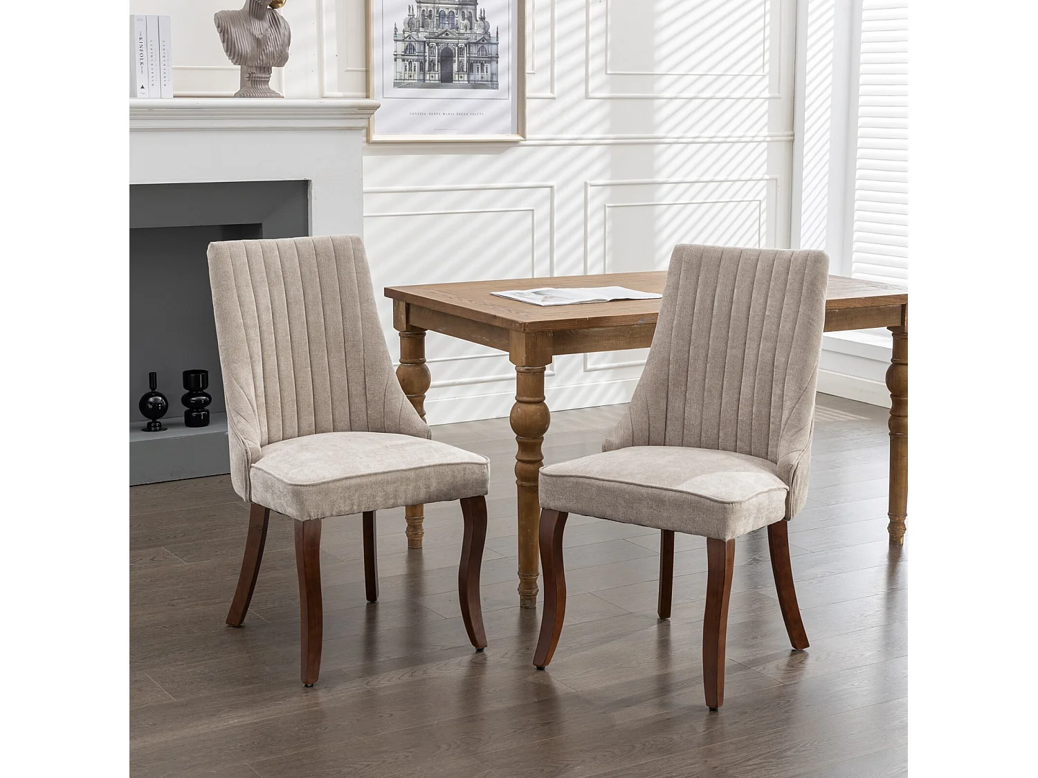 Lot de 2 chaises de salle à manger avec dossier rembourré et pieds en bois - Chenille beige