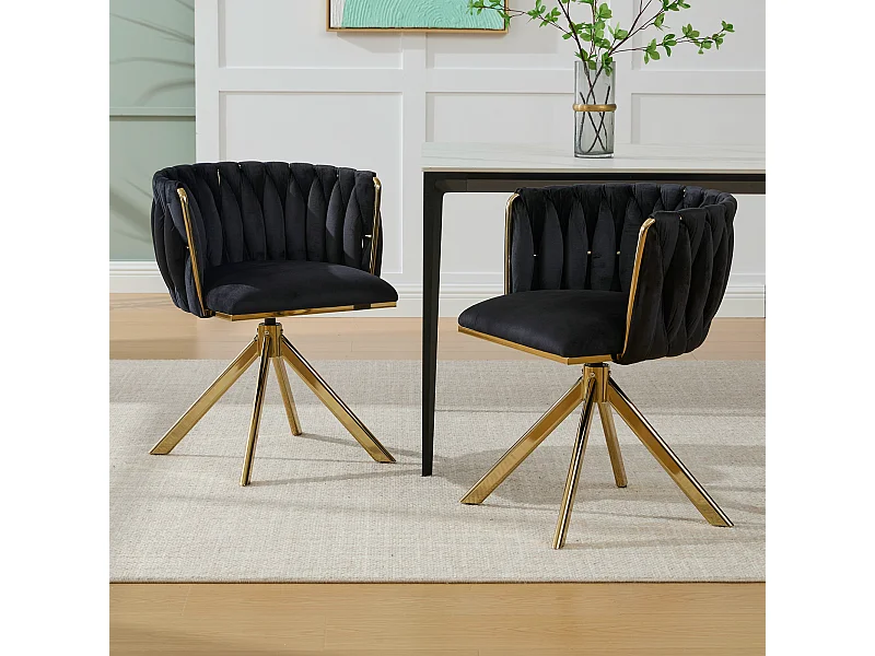 Set di 2 sedie da pranzo in velluto nero con funzione girevole e gambe in metallo dorato
