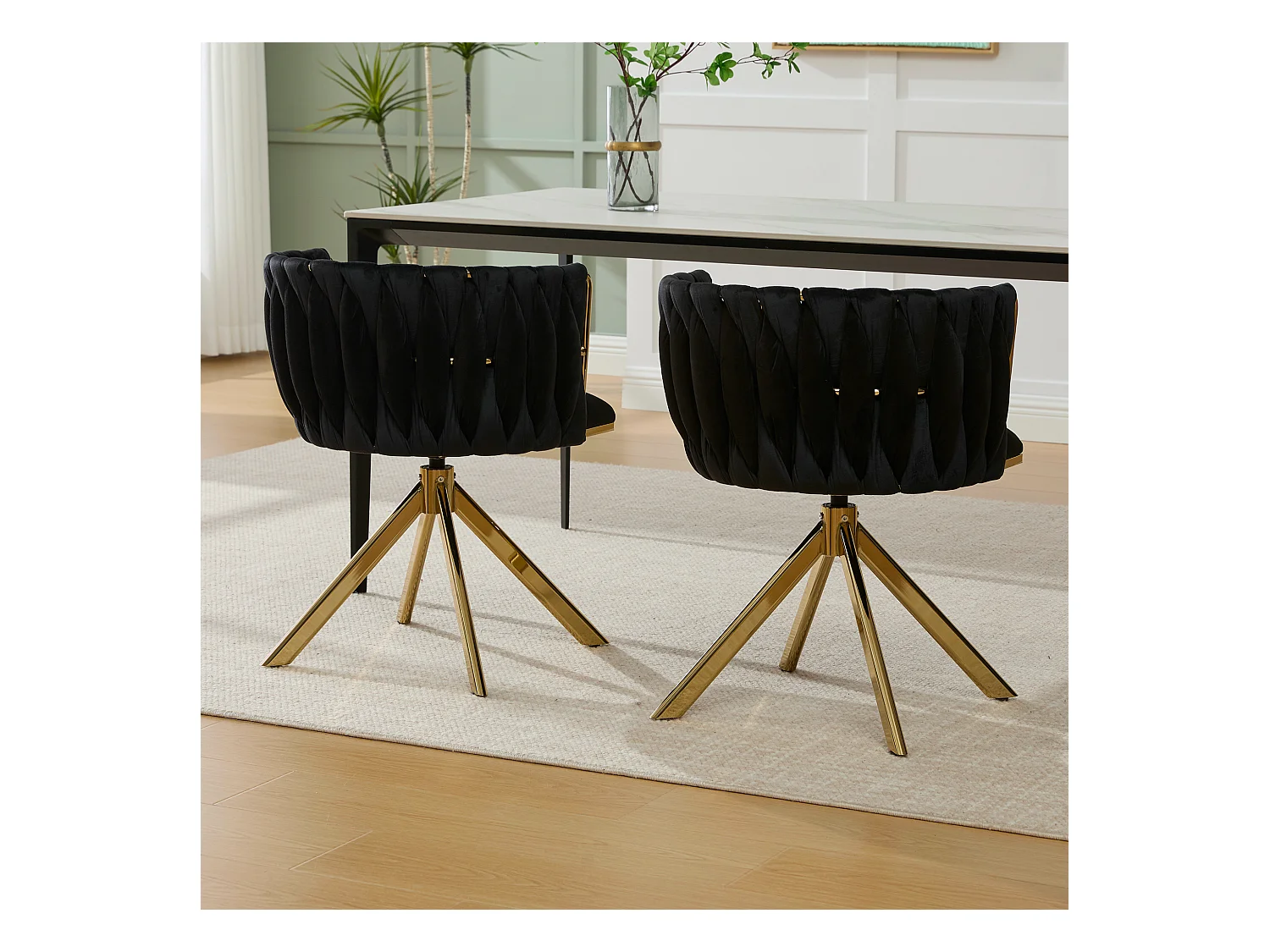 Lot de 2 chaises de salle à manger en velours noir avec fonction pivotante et pieds en métal doré