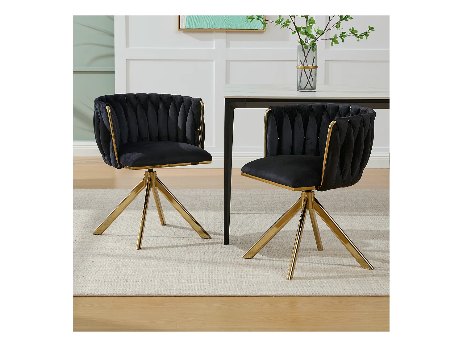 Lot de 2 chaises de salle à manger en velours noir avec fonction pivotante et pieds en métal doré
