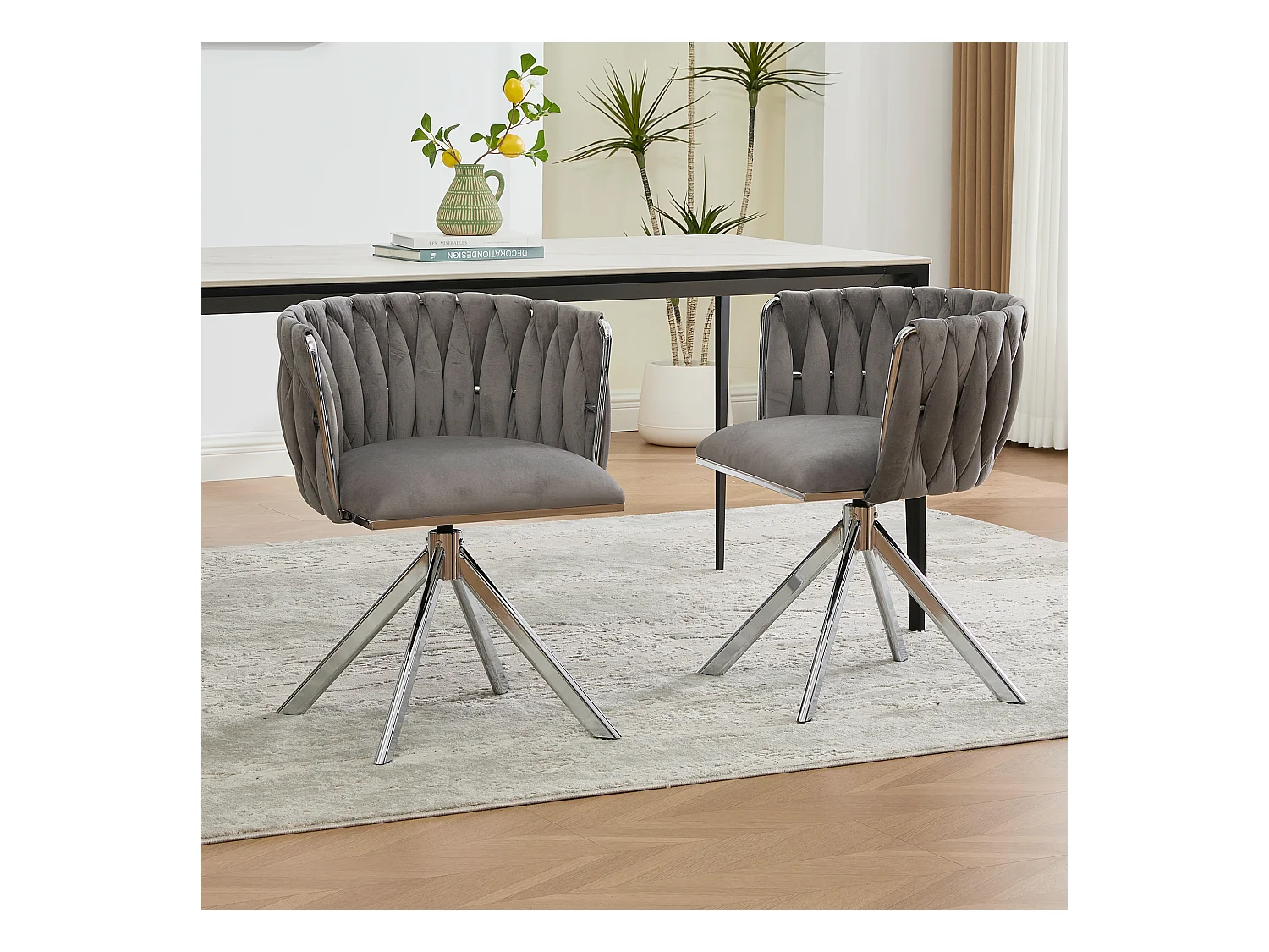 Lot de 2 chaises de salle à manger en velours gris avec fonction pivotante et pieds en métal argenté