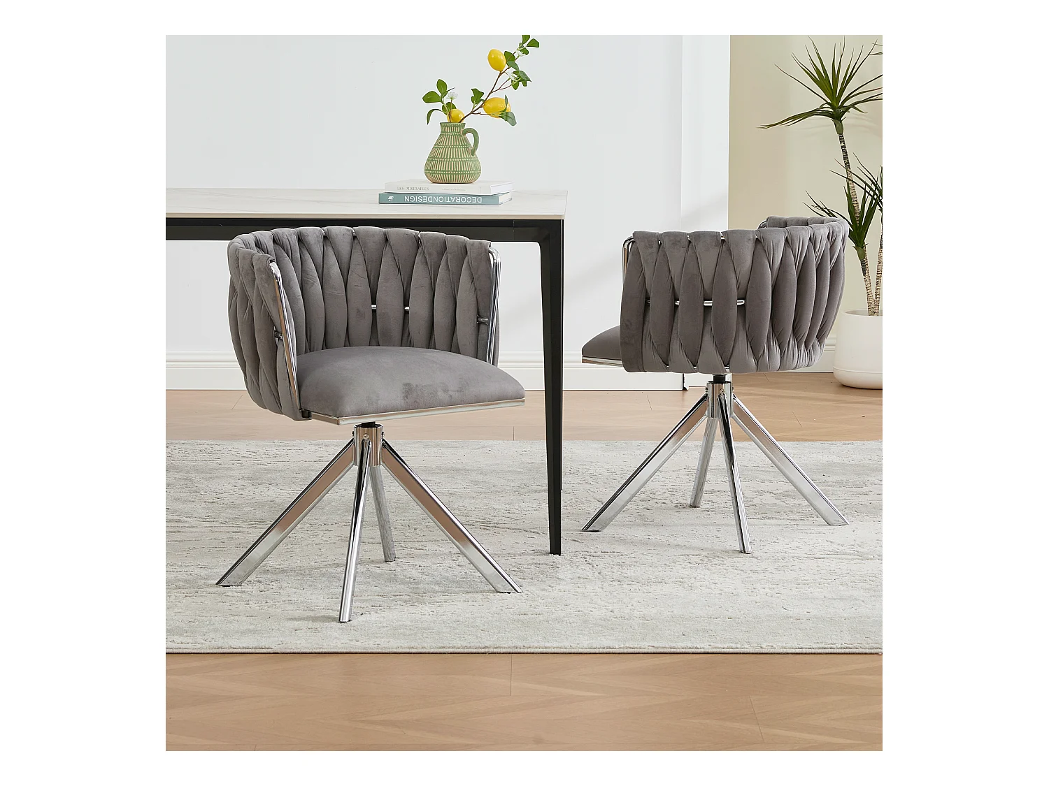 Lot de 2 chaises de salle à manger en velours gris avec fonction pivotante et pieds en métal argenté