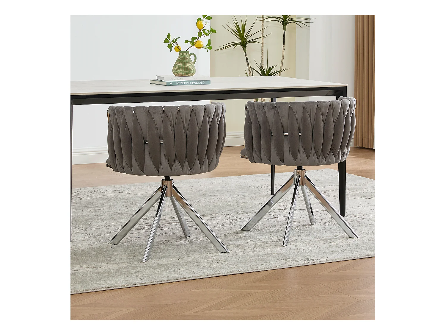Lot de 2 chaises de salle à manger en velours gris avec fonction pivotante et pieds en métal argenté