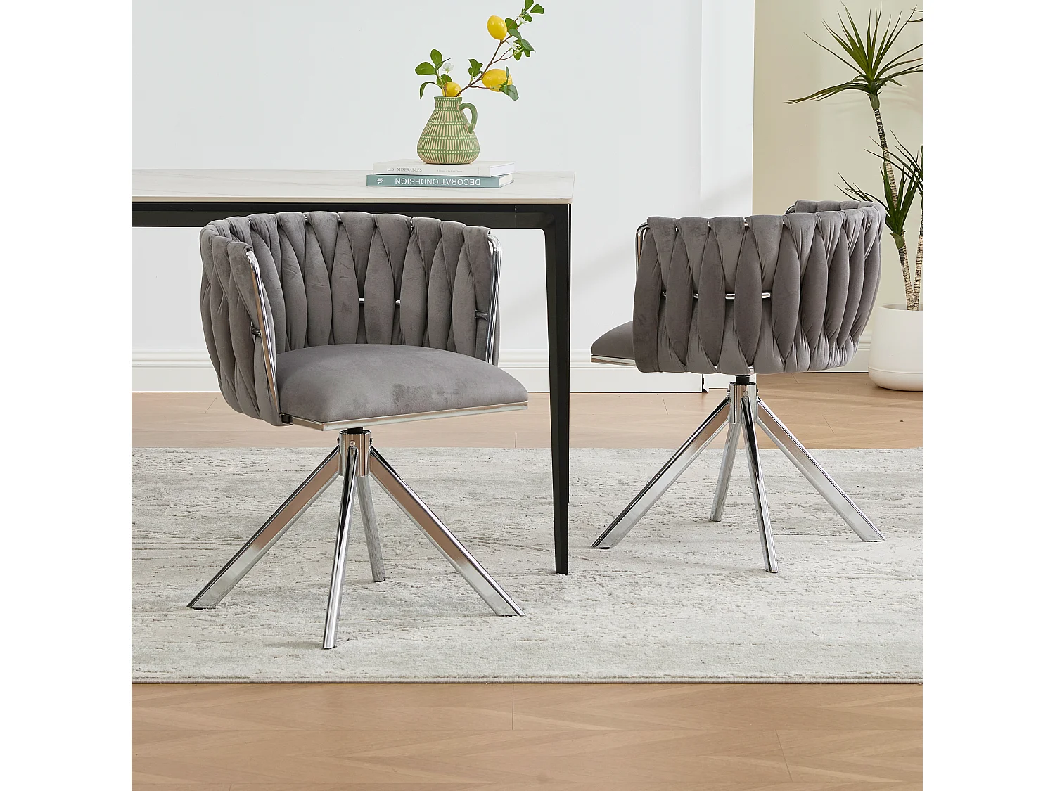 Lot de 2 chaises de salle à manger en velours gris avec fonction pivotante et pieds en métal argenté