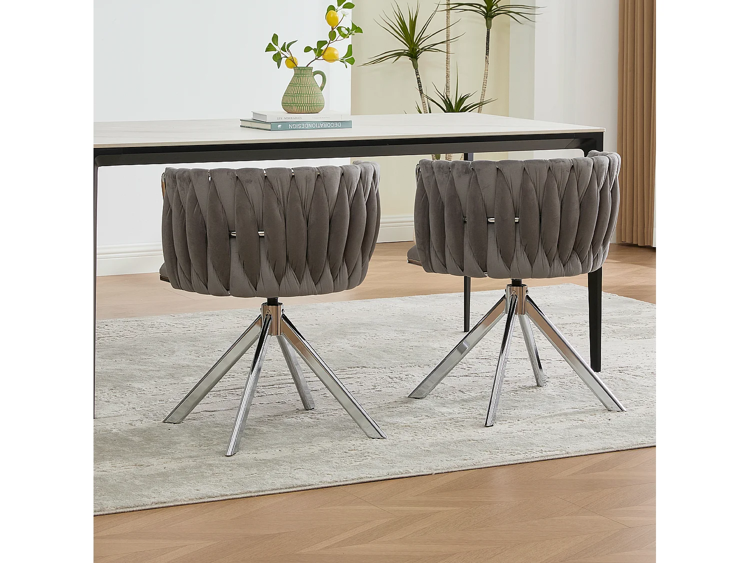 Lot de 2 chaises de salle à manger en velours gris avec fonction pivotante et pieds en métal argenté