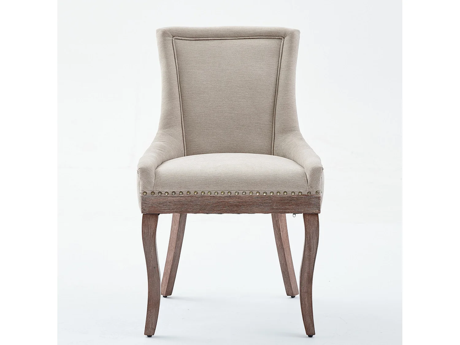 Lot de 2 chaises de salle à manger en chenille beige avec dossier et garniture cloutée, pieds en bois