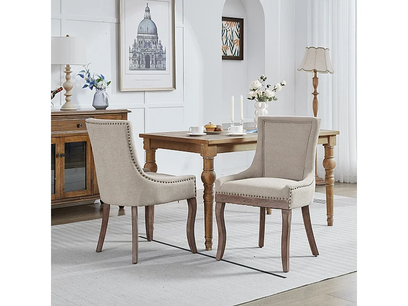 Lot de 2 chaises de salle à manger en chenille beige avec dossier et garniture cloutée, pieds en bois