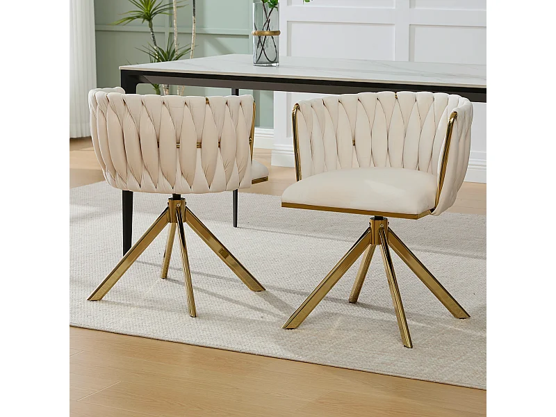 Juego de 2 sillas de comedor de terciopelo marfil con función giratoria y patas de metal dorado