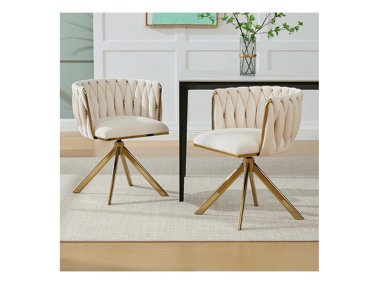 Lot de 2 chaises de salle à manger en velours ivoire avec fonction pivotante et pieds en métal doré