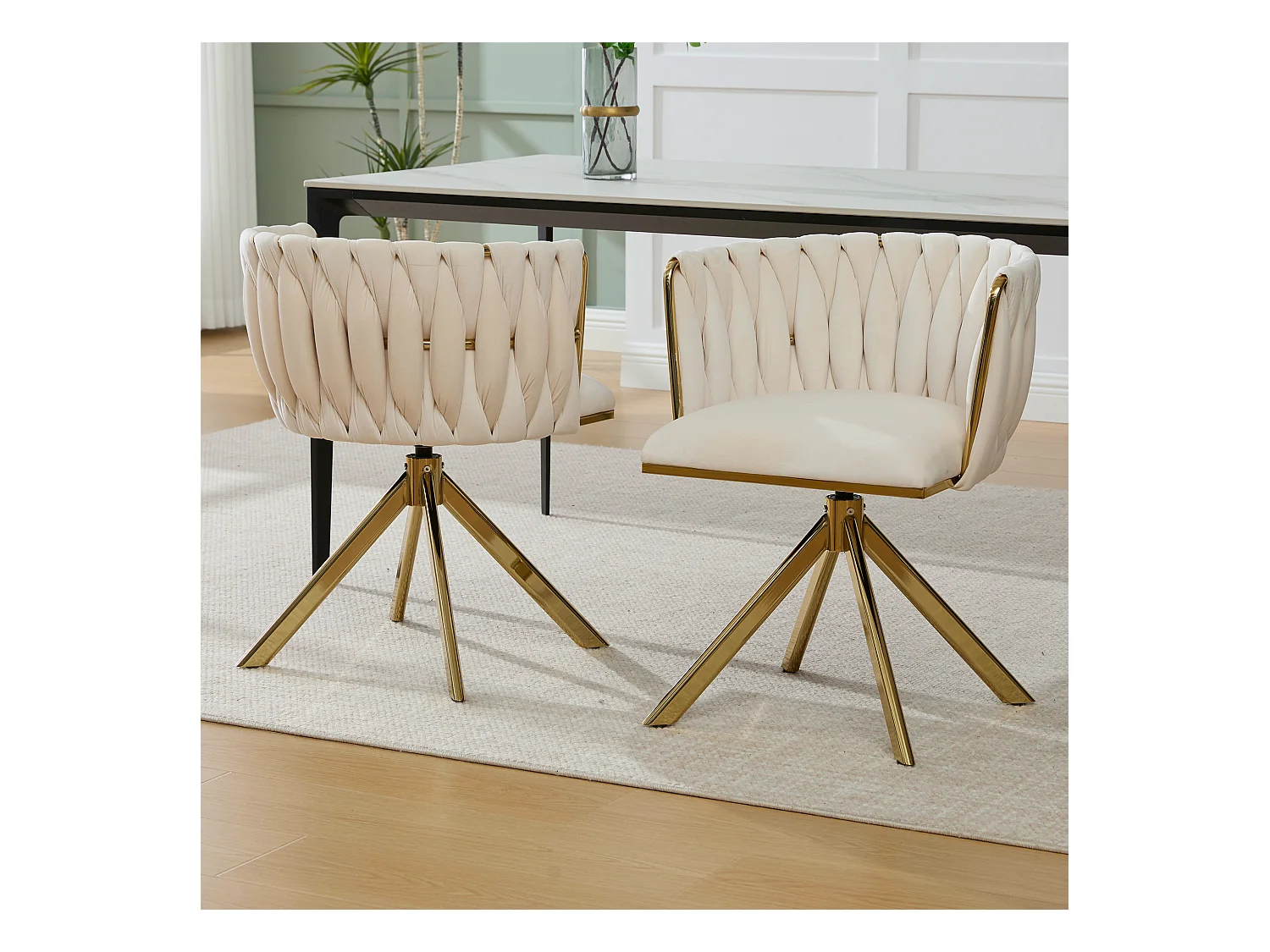 Lot de 2 chaises de salle à manger en velours ivoire avec fonction pivotante et pieds en métal doré