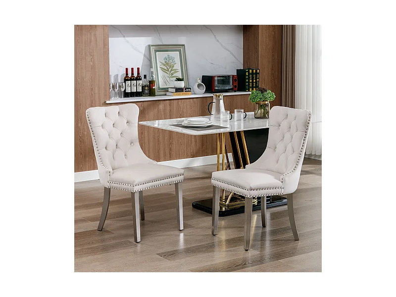 Set di 2 sedie da pranzo in velluto beige con schienale imbottito e gambe in metallo argentato