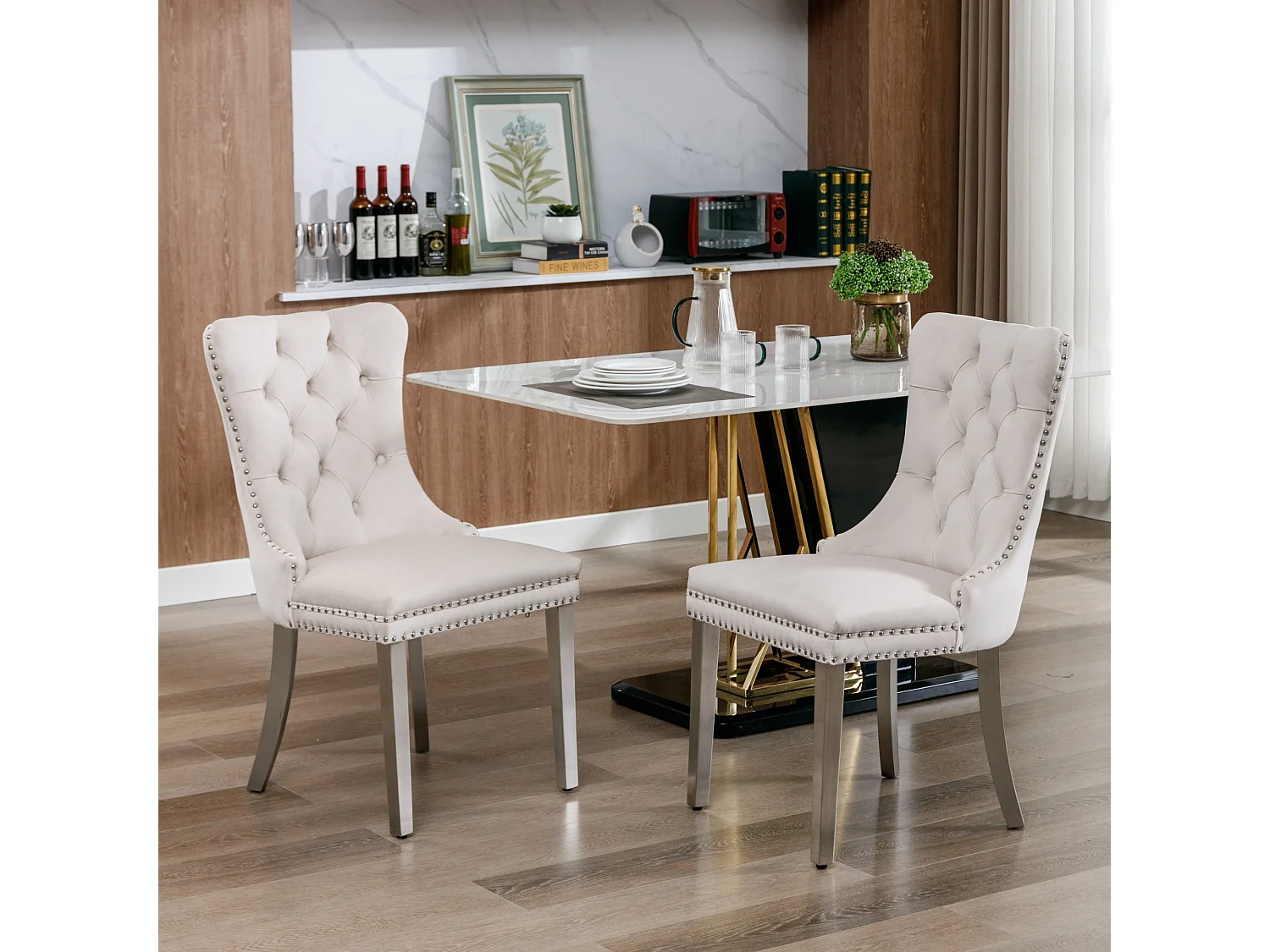 Lot de 2 chaises de salle à manger en velours beige avec dossier rembourré et pieds en métal argenté