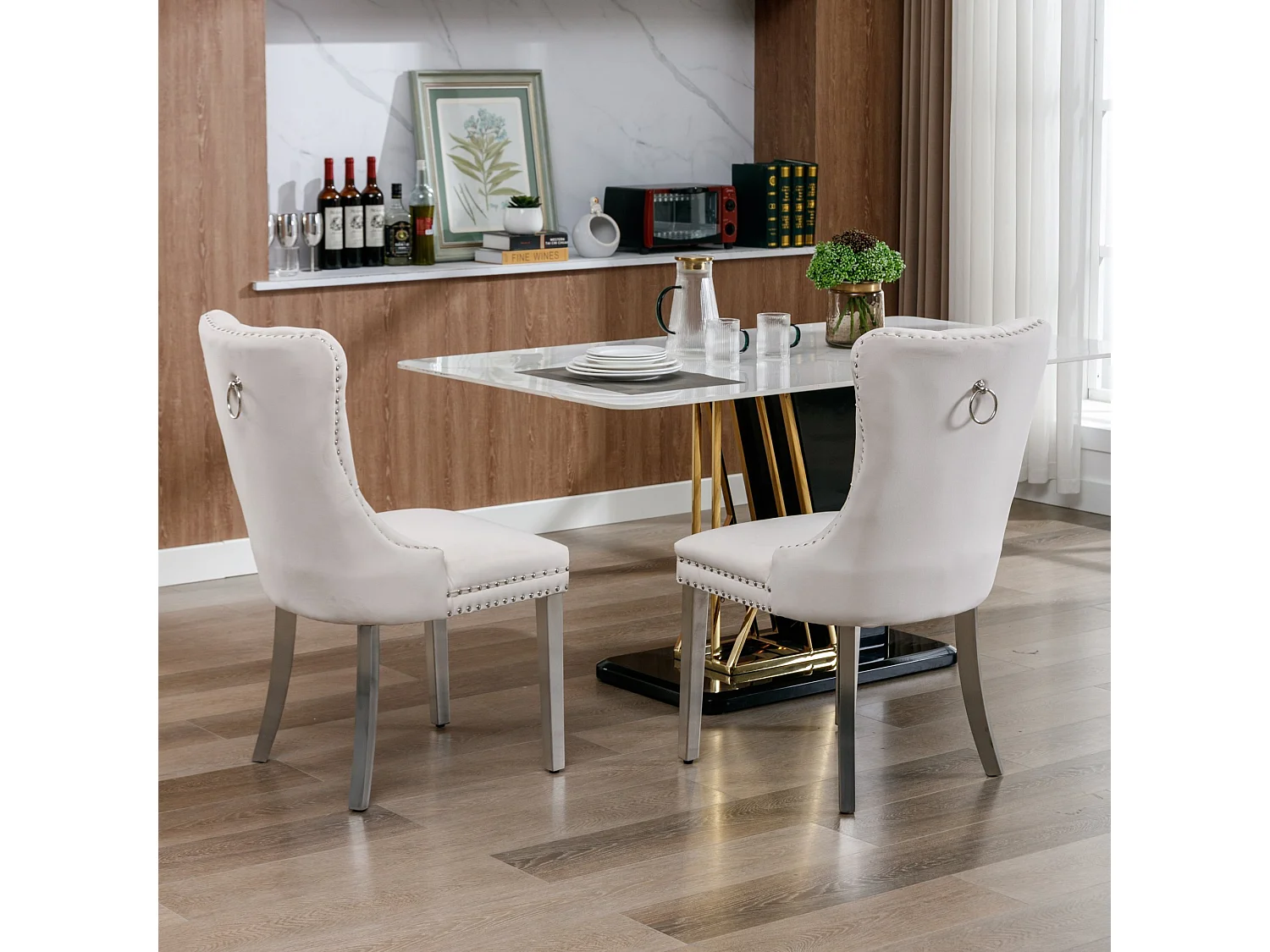 Lot de 2 chaises de salle à manger en velours beige avec dossier rembourré et pieds en métal argenté