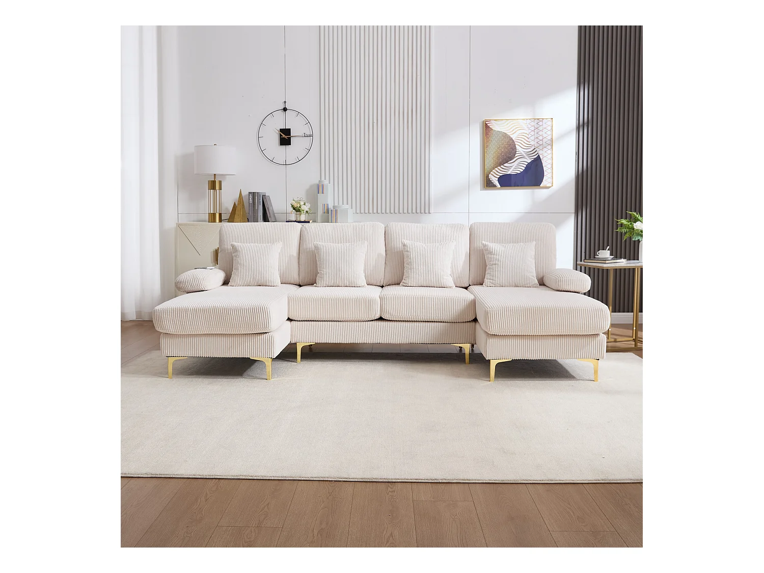 Canapé 4 places en velours beige avec éclairage LED et ports USB - Design moderne en U