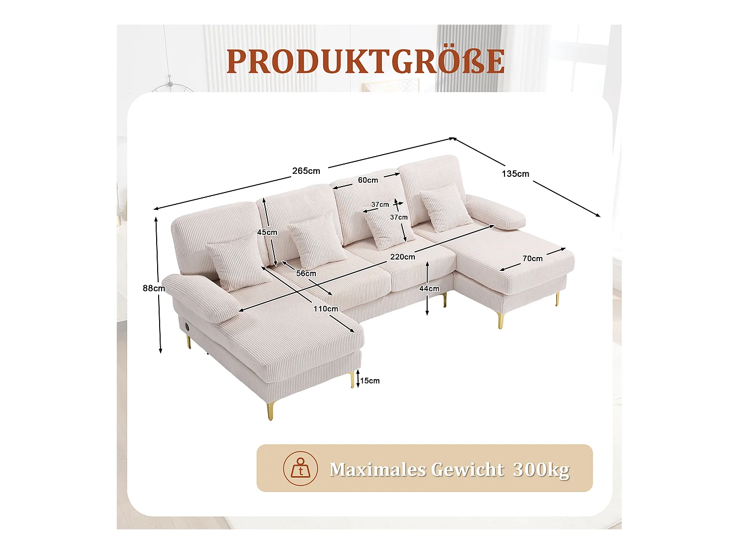 Canapé 4 places en velours beige avec éclairage LED et ports USB - Design moderne en U