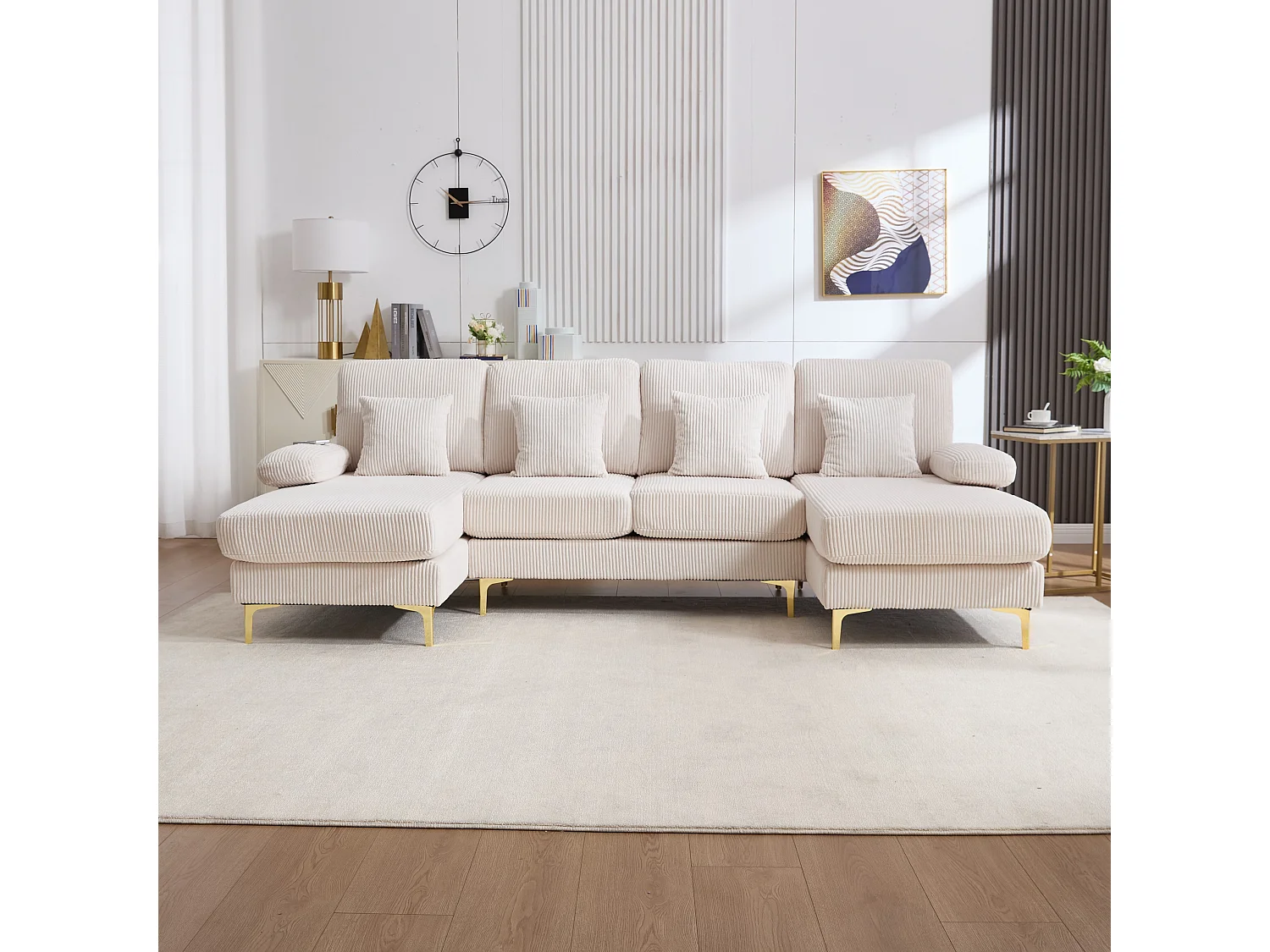 Canapé 4 places en velours beige avec éclairage LED et ports USB - Design moderne en U