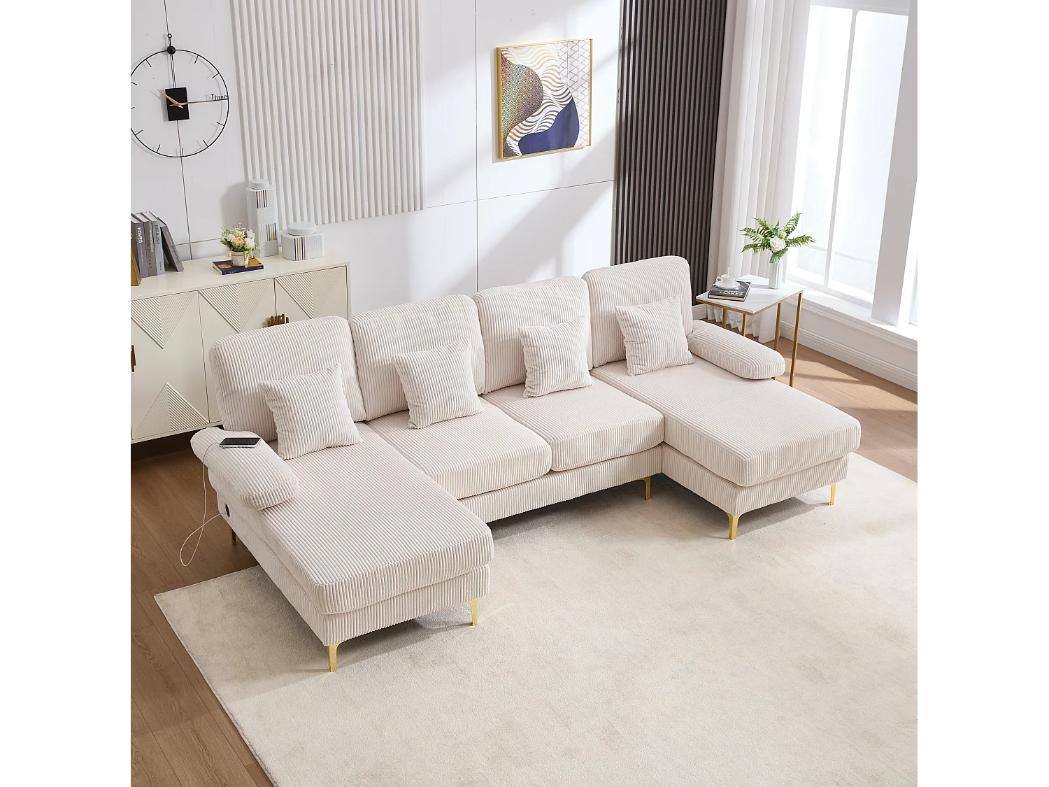 Canapé 4 places en velours beige avec éclairage LED et ports USB - Design moderne en U