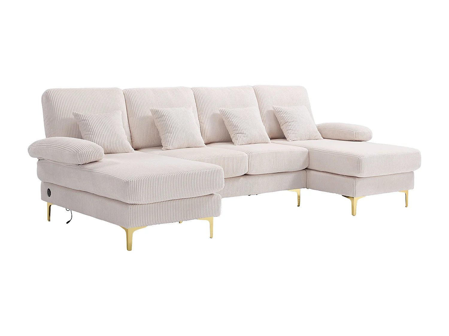 Canapé 4 places en velours beige avec éclairage LED et ports USB - Design moderne en U