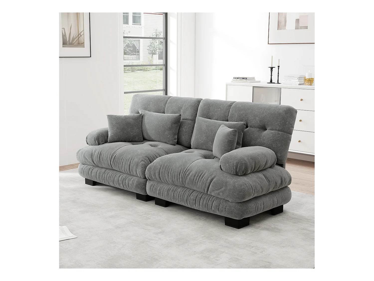 Canapé 2 places en chenille avec dossier et accoudoirs, gris - pour salon et chambre
