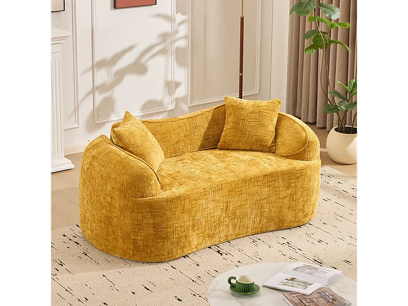 2-Sitzer-Sofa mit Armlehnen und gepolsterten Kissen, geschwungenes Design - gelbe Chenille
