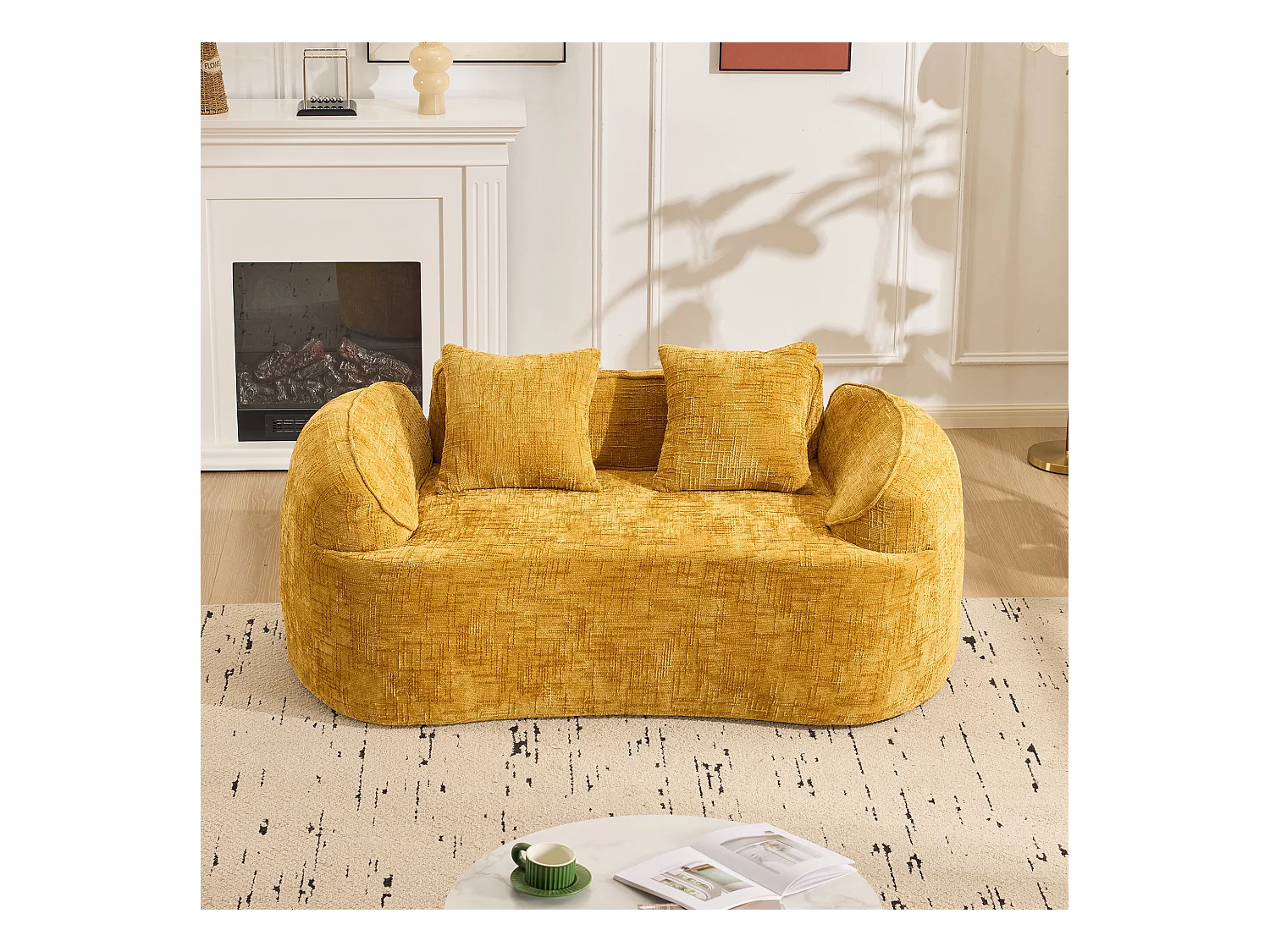 Canapé 2 places avec accoudoirs et coussins rembourrés, design incurvé - chenille jaune