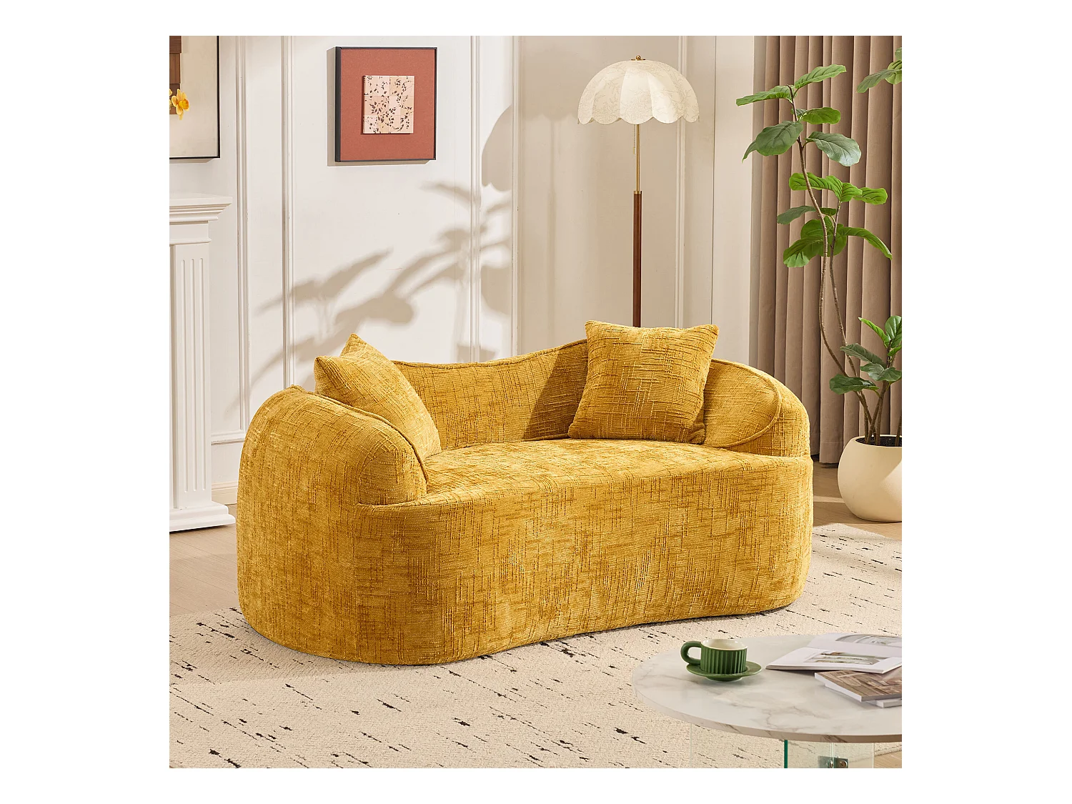 Canapé 2 places avec accoudoirs et coussins rembourrés, design incurvé - chenille jaune