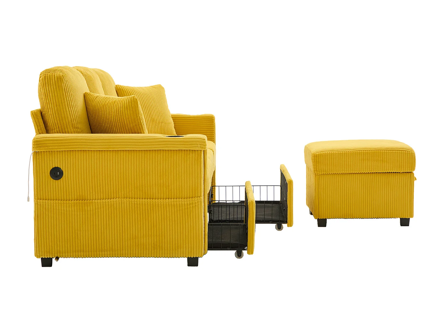 Canapé 3 places en velours côtelé jaune avec LED et USB, repose-pieds de rangement et 2 tiroirs