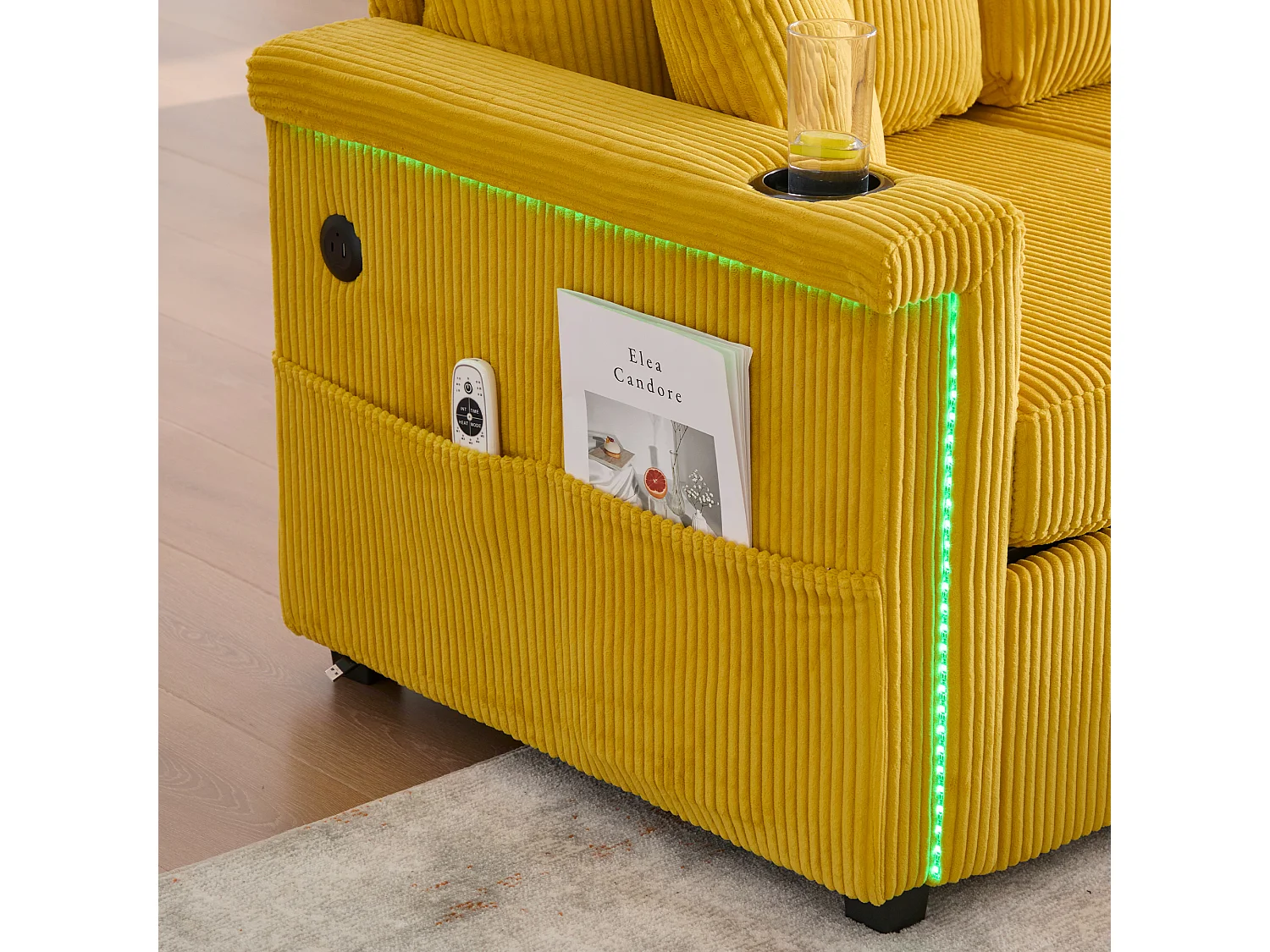 Canapé 3 places en velours côtelé jaune avec LED et USB, repose-pieds de rangement et 2 tiroirs