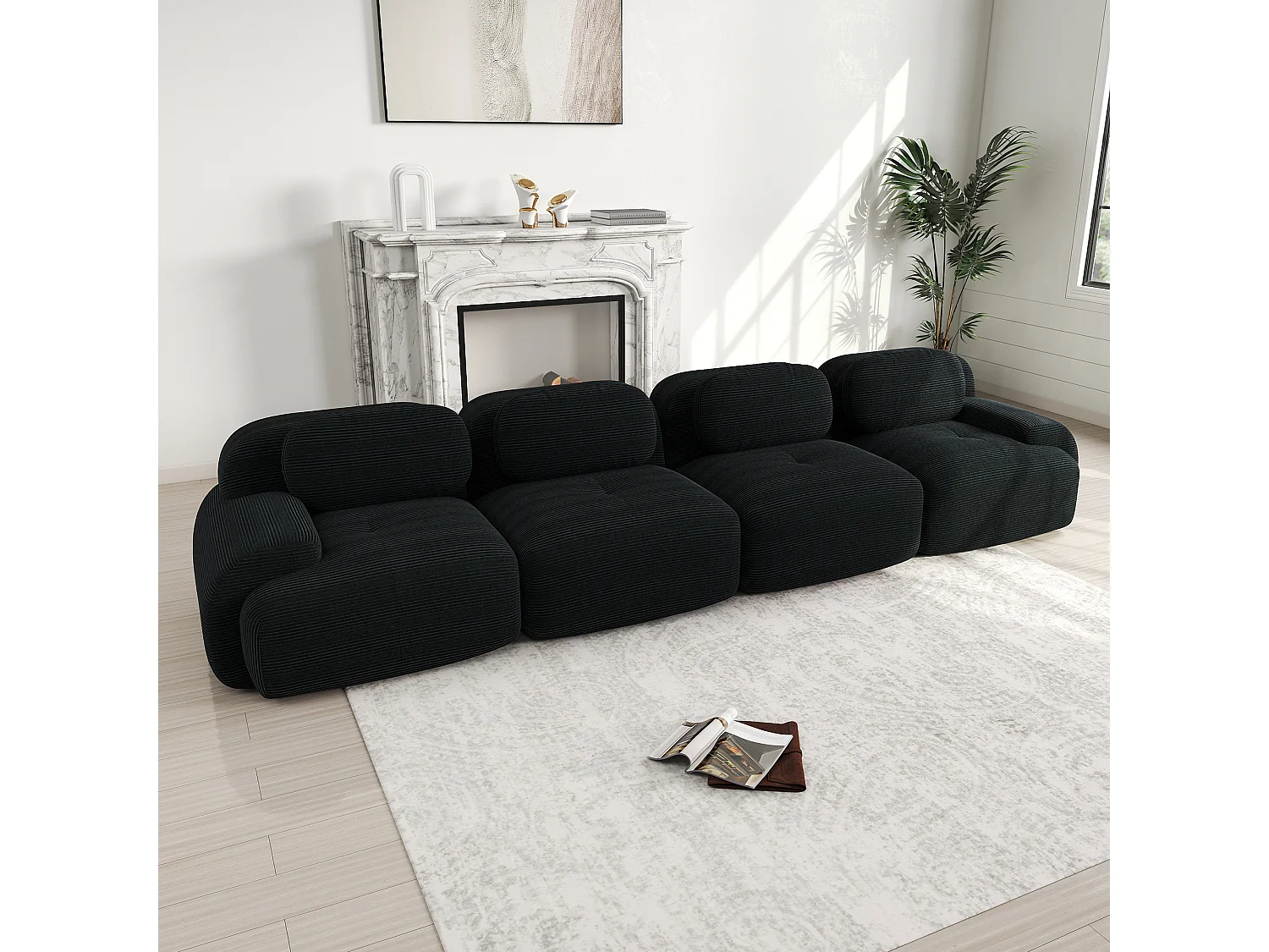 Canapé 4 places avec accoudoirs et dossier rembourré, velours côtelé noir - pour salon