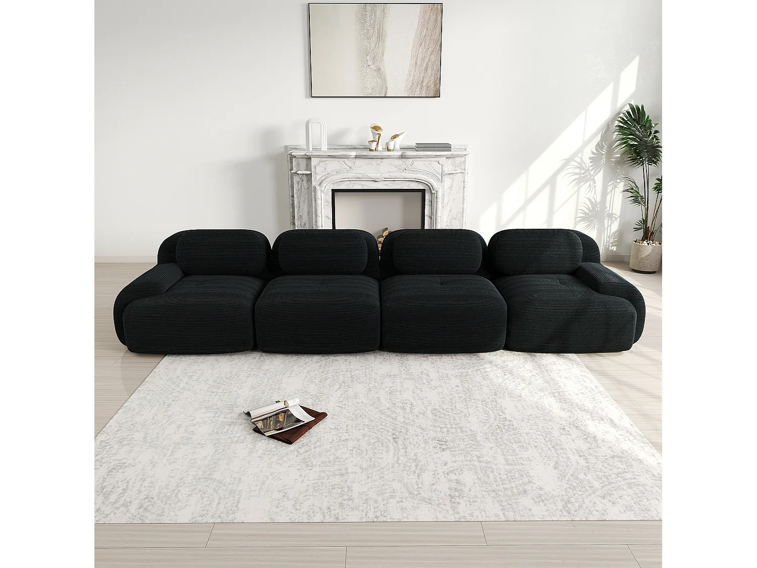 Canapé 4 places avec accoudoirs et dossier rembourré, velours côtelé noir - pour salon