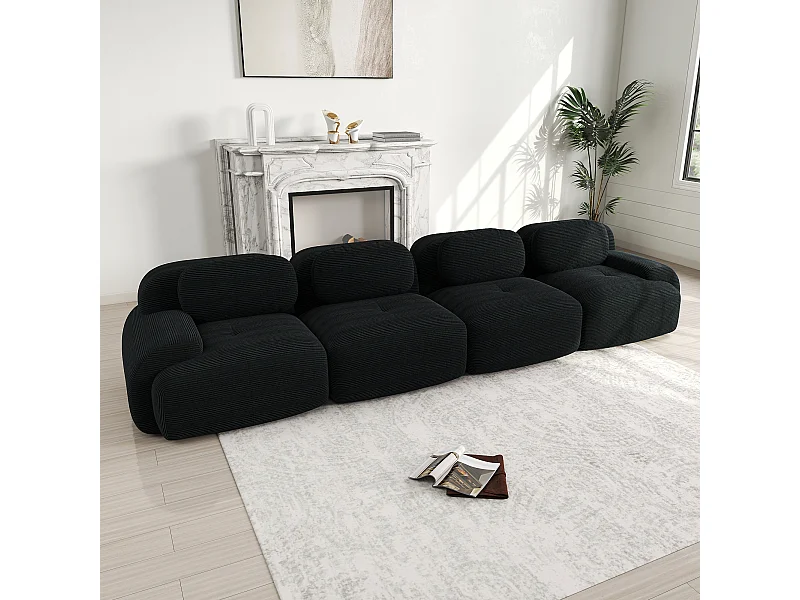 Canapé 4 places avec accoudoirs et dossier rembourré, velours côtelé noir - pour salon
