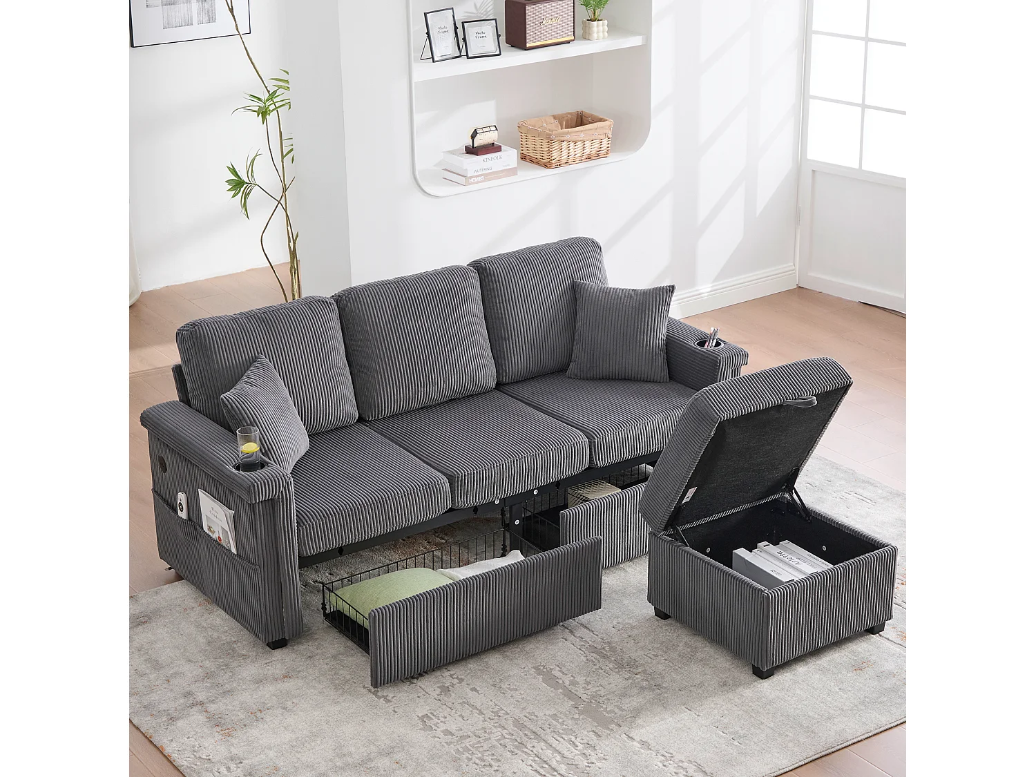 Canapé 3 places en velours côtelé gris foncé avec LED et USB, repose-pieds de rangement et 2 tiroirs