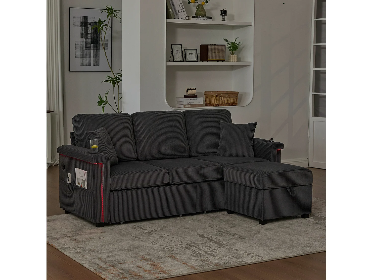 Canapé 3 places en velours côtelé gris foncé avec LED et USB, repose-pieds de rangement et 2 tiroirs