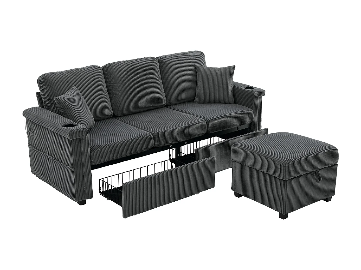 Canapé 3 places en velours côtelé gris foncé avec LED et USB, repose-pieds de rangement et 2 tiroirs