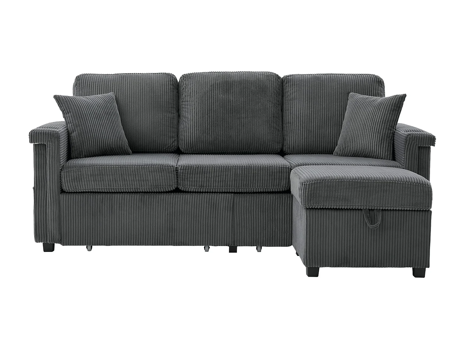 Canapé 3 places en velours côtelé gris foncé avec LED et USB, repose-pieds de rangement et 2 tiroirs