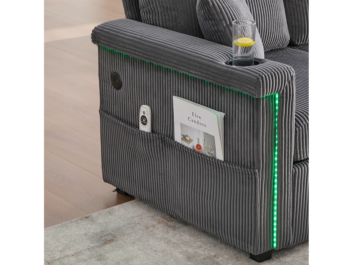 Canapé 3 places en velours côtelé gris foncé avec LED et USB, repose-pieds de rangement et 2 tiroirs