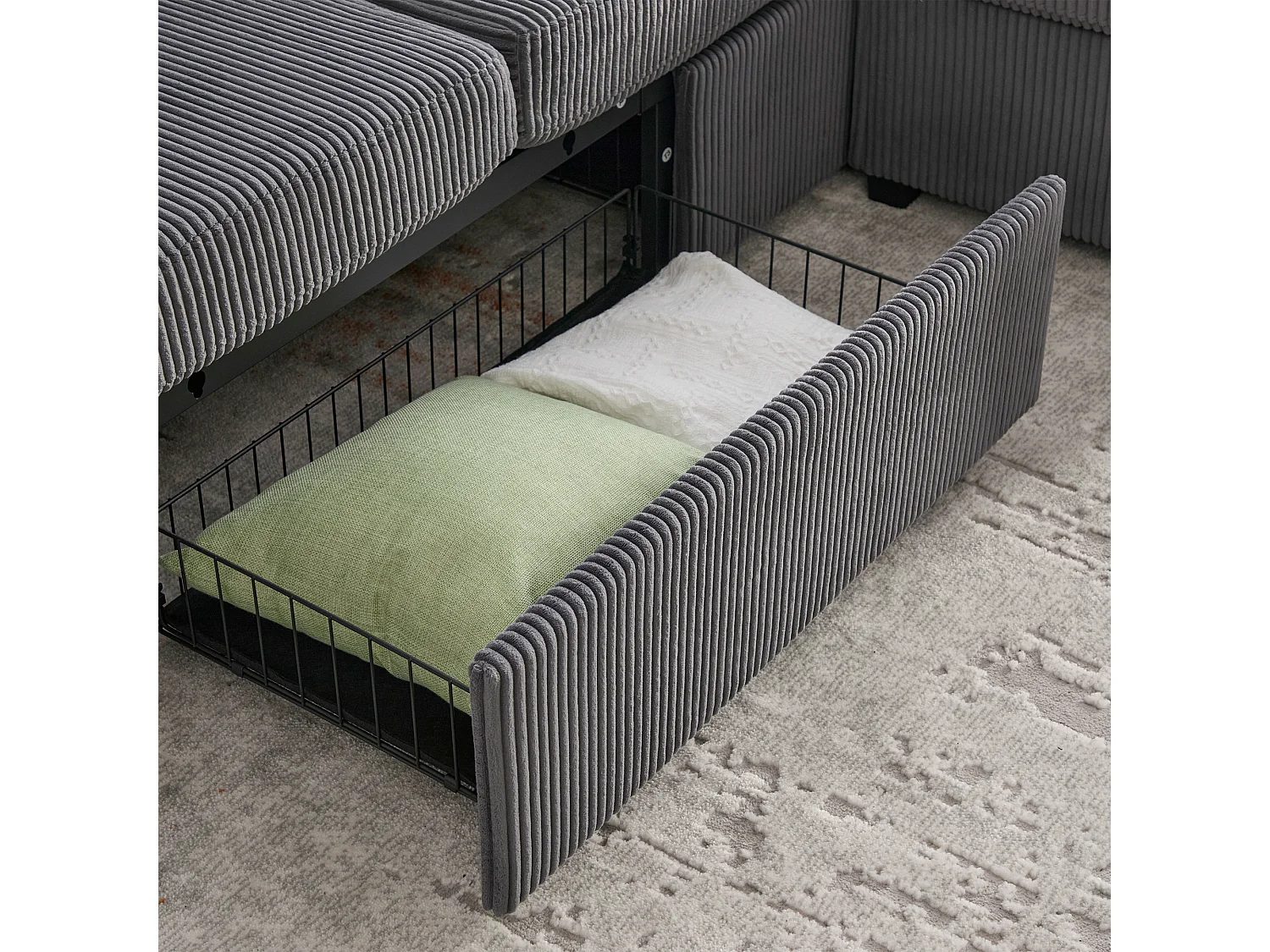 Canapé 3 places en velours côtelé gris foncé avec LED et USB, repose-pieds de rangement et 2 tiroirs